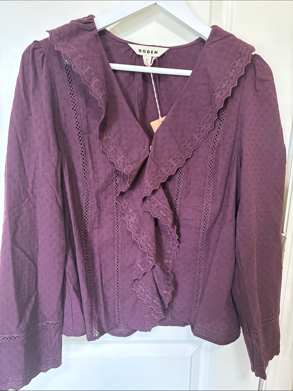 Boden Plum Ruffle-Front Lace Trim Blouse